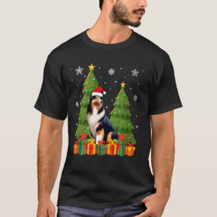 T-shirt Collie Chien Xmas Lumières Arbre Santa Hat Vilain