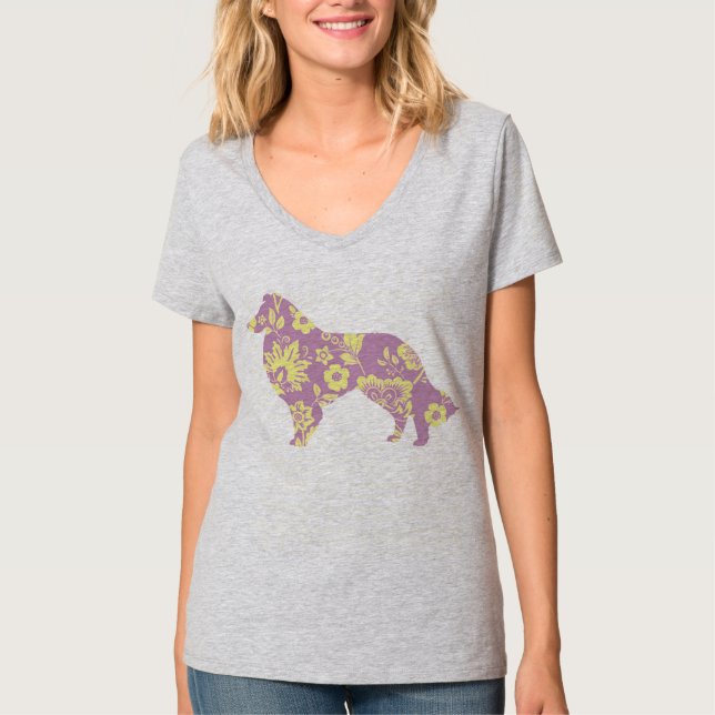 T-shirt Collie rose Fleur sur gris (Devant)