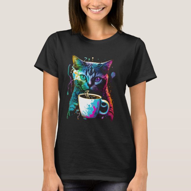 T-shirt Colorful Cat Gaming Coffee Graphic Tees Men Women  (Devant)