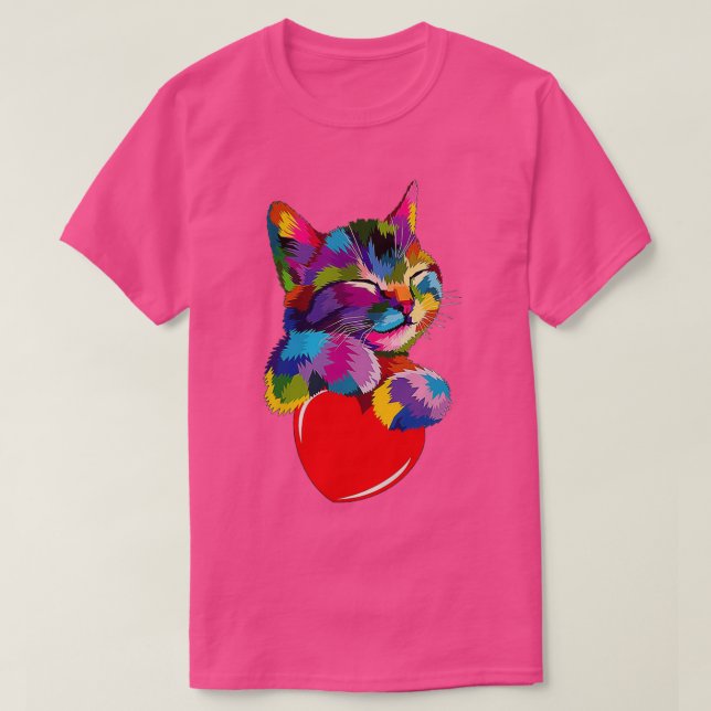 T-shirt Colorful Cat Hugging Heart  (Design devant)