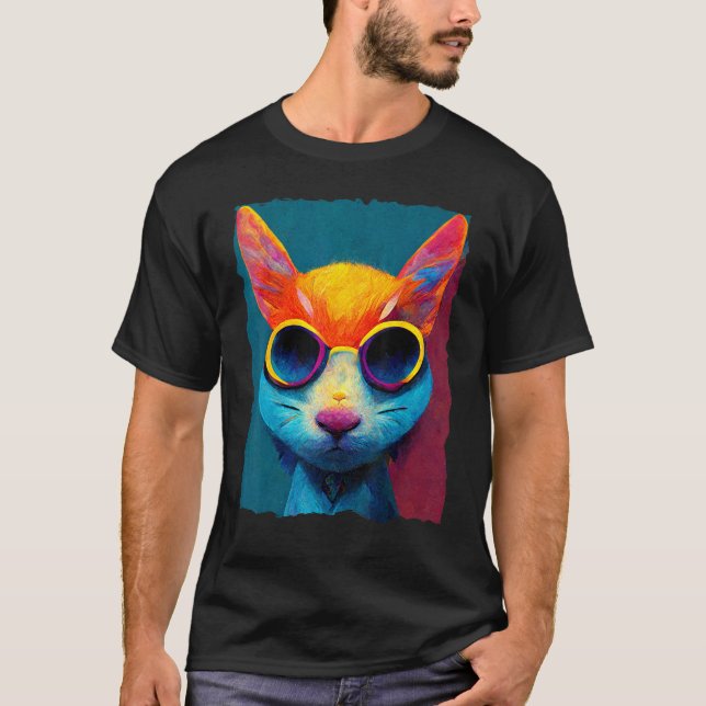 T-shirt Colorful Cat With Glasses (Devant)