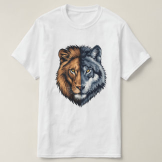 T-shirt Colorful Lion Wolf Split Face Illustration 