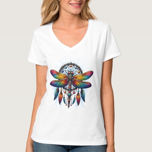 T-shirt Colorful Psychedelic Dragonfly Dreamcatcher Boho (Devant)