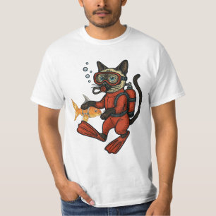 T-shirt Combinaison rouge de plongée Scuba Cat avec poisso