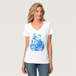 T-shirt Conception bleue bleue et blanche V de saule de la