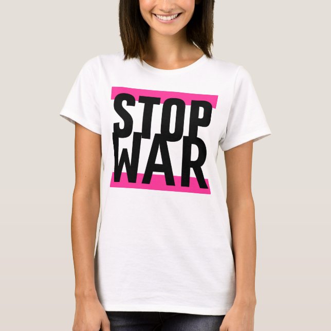 T-shirt Conception simple "rayures rose STOP WAR" (Devant)
