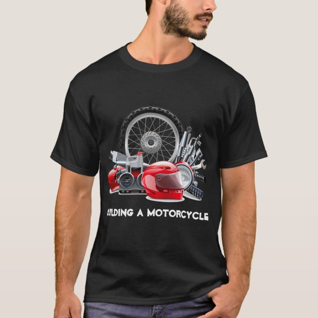 T-shirt Construction d'une moto avec dessin de pièces (Devant)