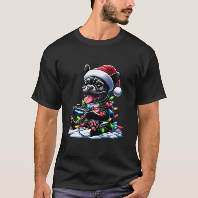 T-shirt Contrôleur de jeu vidéo Buldog Français Lumière Ne (Devant)
