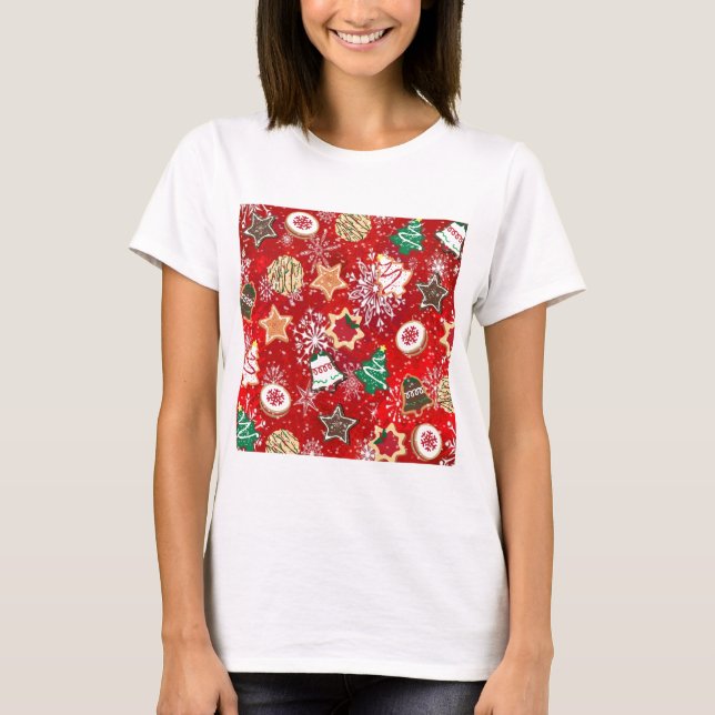 T-shirt Cookies de Noël et flocons de neige en rouge (Devant)