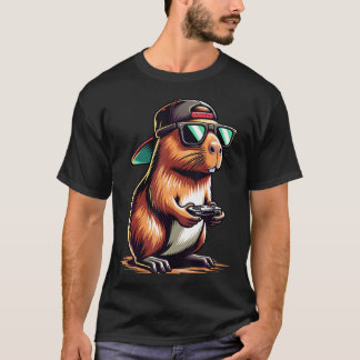 T-shirt Cool Capybara Playing Video Games. Funny Gamer Cap