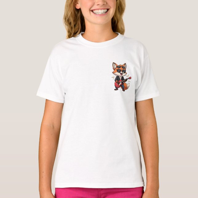T-shirt Cool Cartoon Rock Star Fox Playing Red Electric Gu (Devant)