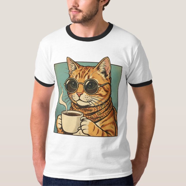 T-shirt Cool Cat Coffee Retro Style Design for Cat Lovers (Devant)