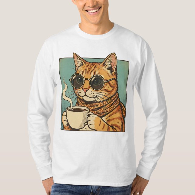 T-shirt Cool Cat Coffee Retro Style Design for Cat Lovers (Devant)