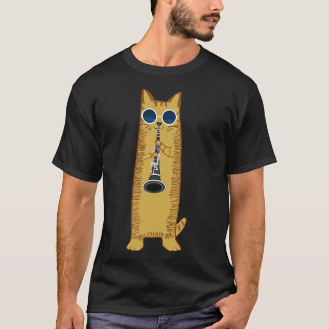 T-shirt Cool Cat Playing The Clarinet Design Hippy Hipster (Devant)