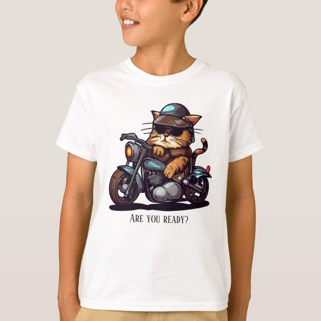 T-shirt Cool Cat Riding Motorcycle Êtes-vous prêt (Devant)