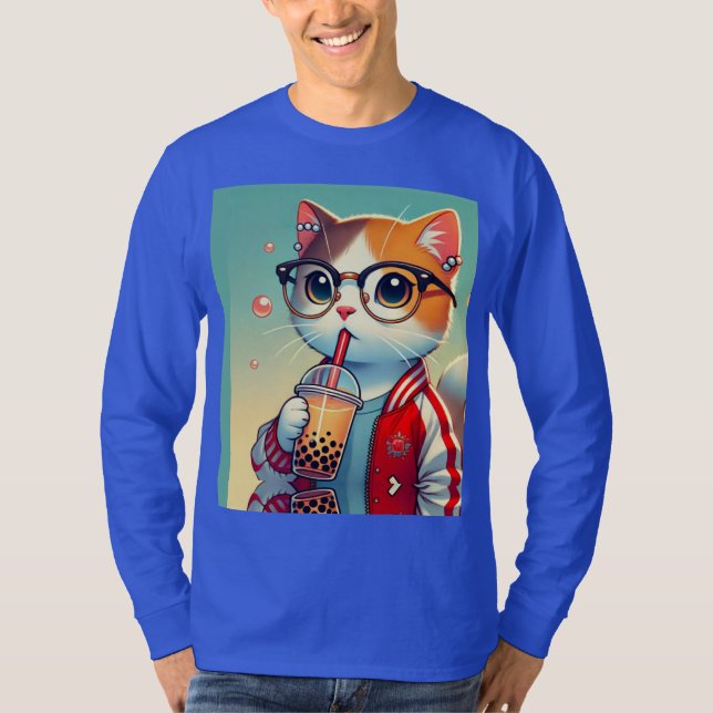 T-shirt Cool Chat en train de boire du boba (Devant)