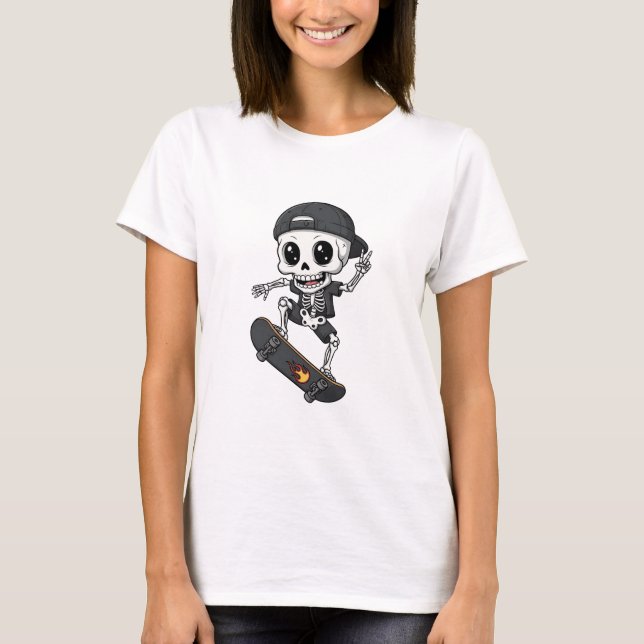 T-shirt Cool Cute Skeleton Skater Riding Skateboard (Devant)