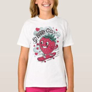 T-shirt cool de baies, fraise sur skateboard