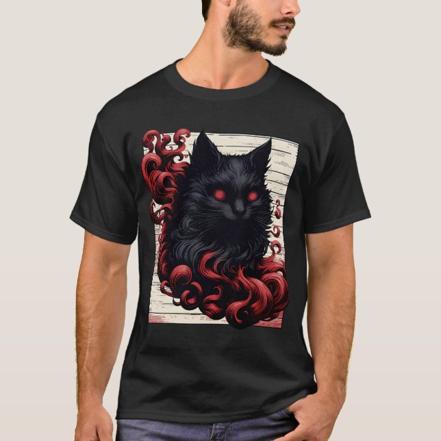 T-shirt Cool Éffrayant Art Abstrait noir Chat Demon T-Shir (Devant)