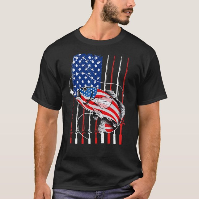 T-shirt Cool Fishing For Men American Flag USA Fish (Devant)