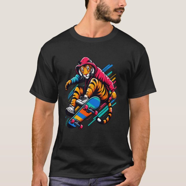 T-shirt Cool Funky Tiger Skateboard Illustration Art (Devant)