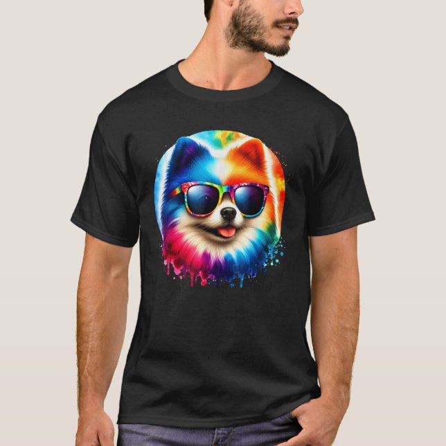 T-shirt Cool Graphic Tie Dye Sunglasses Pomeranian Dog Ill (Devant)