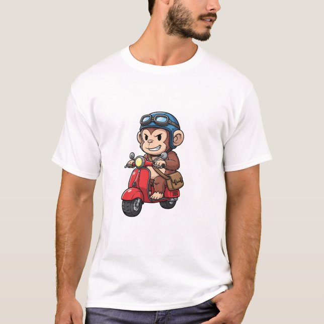 T-shirt Cool Monkey Courier Riding Red Retro Scooter (Devant)