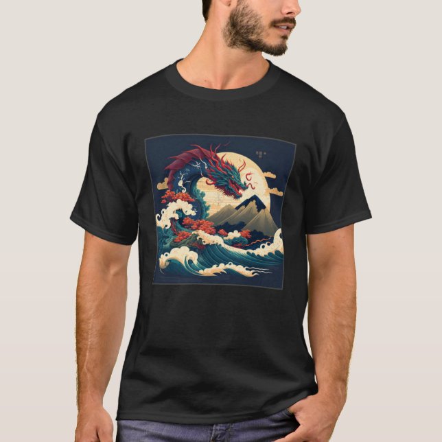T-shirt Cool Sea Dragon Illustration Ocean Waves Sunset Wo (Devant)