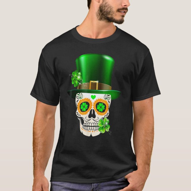T-shirt Cool Sugar Skull St Patrick's Day Shamrock Irish L (Devant)