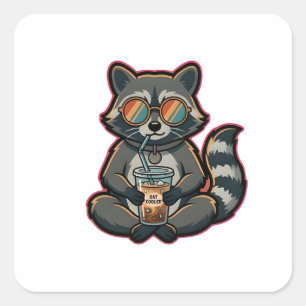 T-Shirt Cooler Waschbär trinkt Hafermilch-Eiskaffe Quadratischer Aufkleber