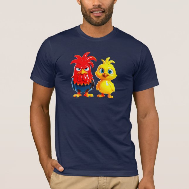 T-shirt Coq et poussin drôle en 3D effet porcelaine. (Devant)