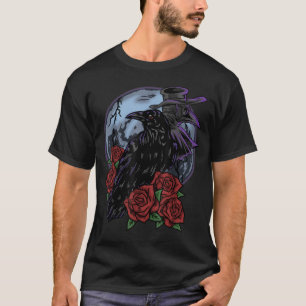 T-shirt Corbeau Rose Lune Écran Noir Gothique Épeurant