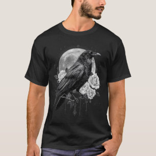 T-shirt Corbeau Rose Lune Écran Noir Gothique Épouvantable