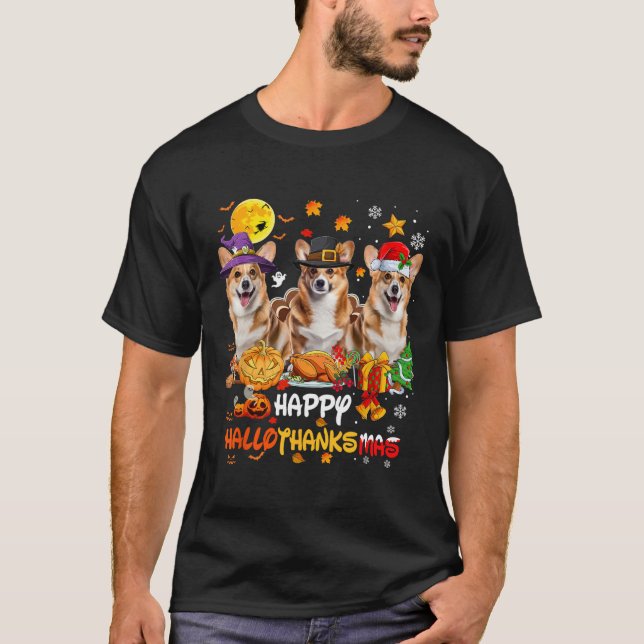 T-shirt Corgi Chien Joyeux Halloween Thanksgiving Joyeux C (Devant)