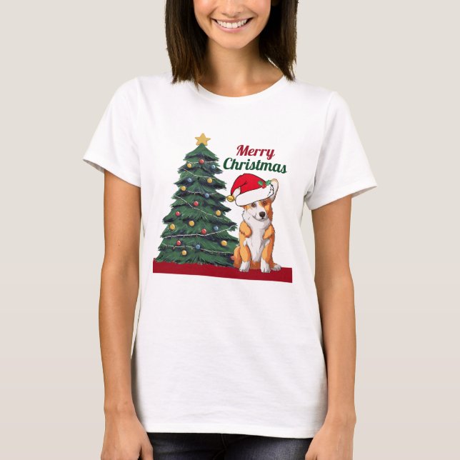 T-shirt Corgi Christmas Tree Jolie vacances (Devant)