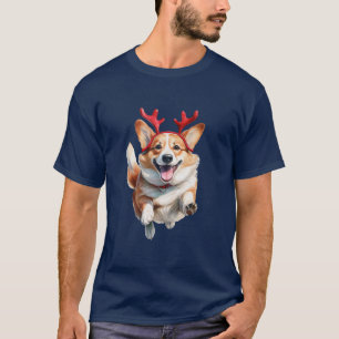 T-shirt Corgi de Noël avec bois de rennes