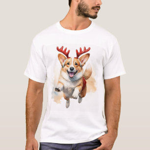 T-shirt Corgi de Noël avec bois de rennes