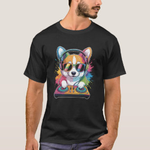 T-shirt Corgi DJ sur platines EDM synthétiseur Musique Rav