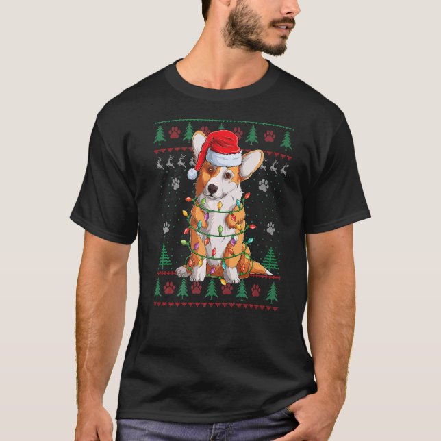 T-shirt Corgi Noël éclaire Père Noël Chien laide (Devant)