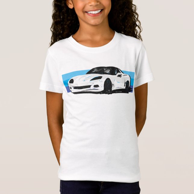 T-Shirt Corvette blanche C6 avec bandes bleues (Devant)