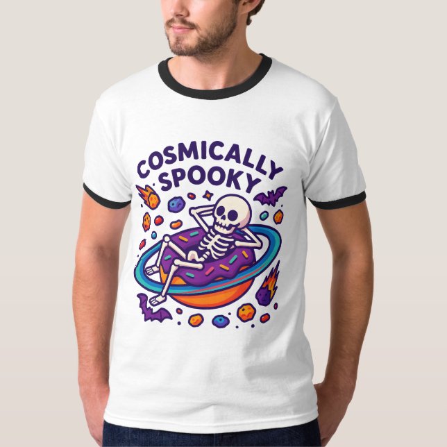 T-shirt Cosmically Spooky Design Space Skeleton Halloween (Devant)