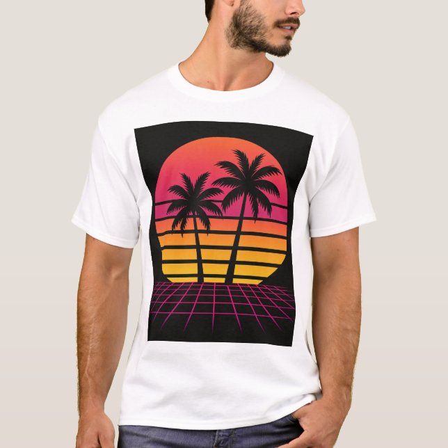 T-shirt coucher de soleil de néon avec palmiers (Devant)