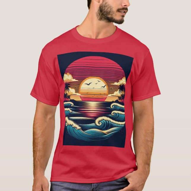 T-shirt Coucher de soleil et vagues (Devant)