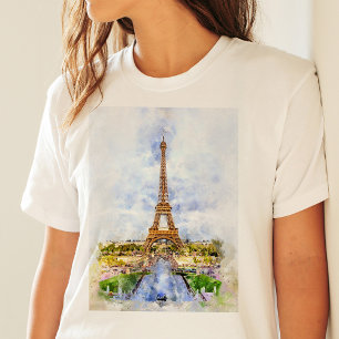 T-shirt Coucher de soleil Tour Eiffel Paris Aquarelle fran