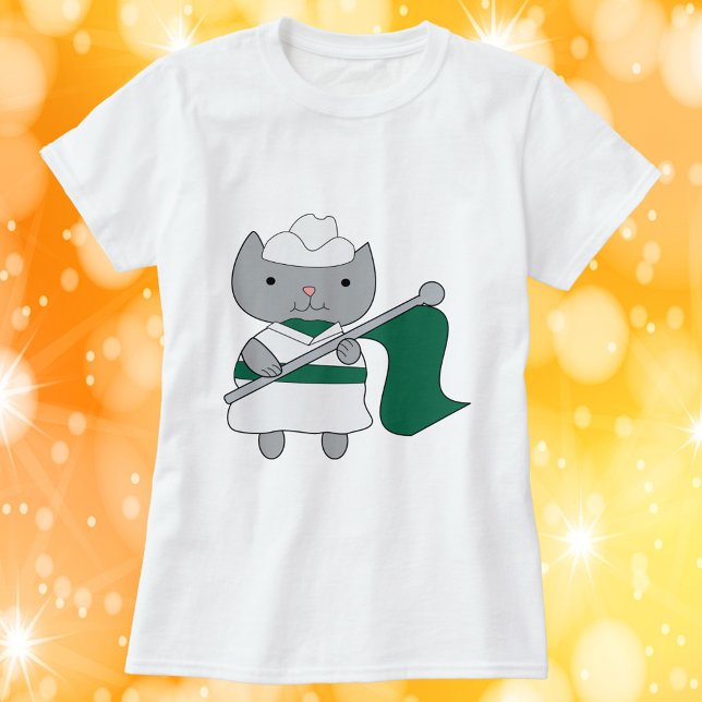 T-shirt Couleur Garde Chat Vert Blanc (A tshirt featuring a gray cat wearing a green & white color guard uniform while holding a green flag)