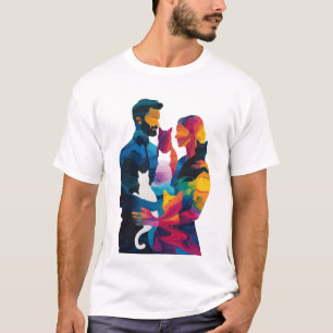 T-shirt Couple Coloré et Silhouette d'Art de Chats