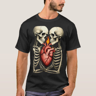 T-shirt Couple de crânes gothiques Cœur enflammé Style Rom