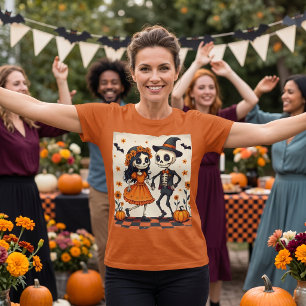 T-shirt Couple de squelettes mignons d'Halloween en orange