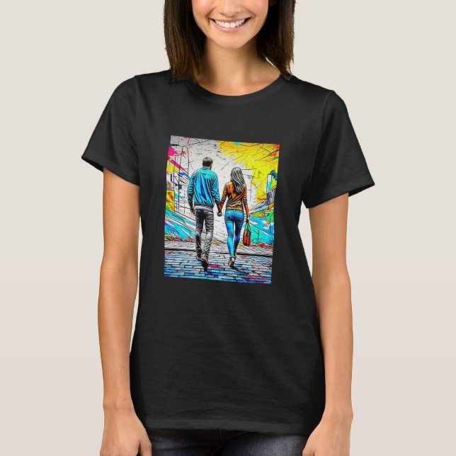 T-shirt Couple Holding Mains Urbaine Street Art (Devant)