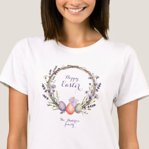T-shirt Couronne de Pâques à l'aquarelle Lavande Œufs Lapi